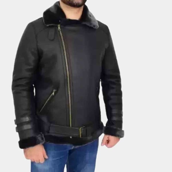 Black Leather Shearling Jacket Mens freeshipping - leathersea.com