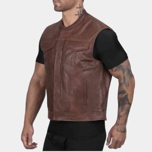 Mens Brown Leather Motorcycle Vest freeshipping - leathersea.com