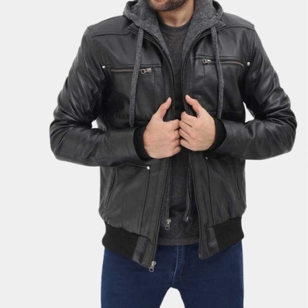 MENS LEATHER BOMBER JACKET WITH HOOD freeshipping - leathersea.com