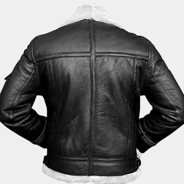 Mens Black Leather Jacket with White Fur Collar freeshipping - leathersea.com