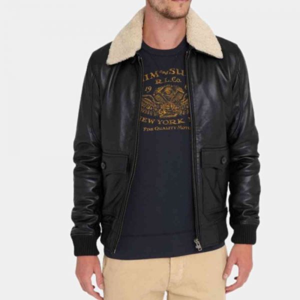 Mens Leather Bomber Jacket with Fleece Collar freeshipping - leathersea.com