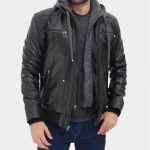 MENS LEATHER BOMBER JACKET WITH HOOD freeshipping - leathersea.com