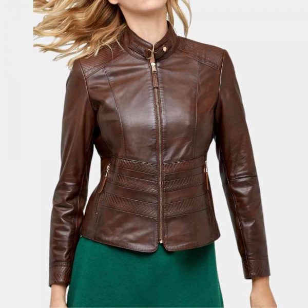 Womens Leather Motorcycle Jacket Brown freeshipping - leathersea.com