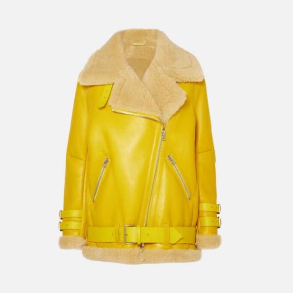Yellow Leather Jacket with Fur Collar freeshipping - leathersea.com