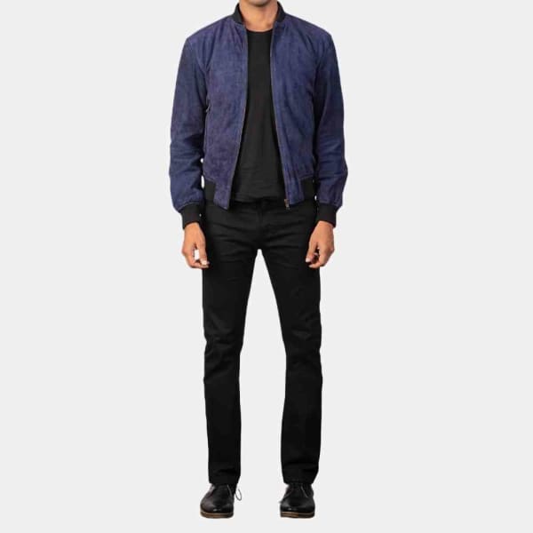 Mens Navy Suede Bomber Jacket freeshipping - leathersea.com